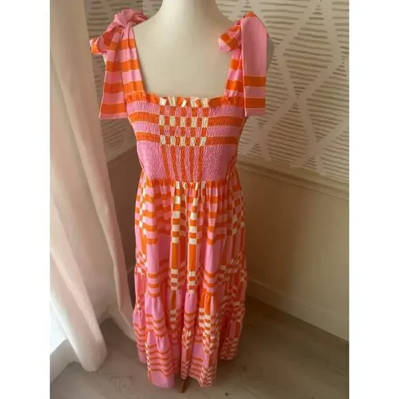 Boutique Women’s Large Pink Orange Gingham Smocked Shoulder Tie Maxi Dress NWT - Picture 4 of 7
